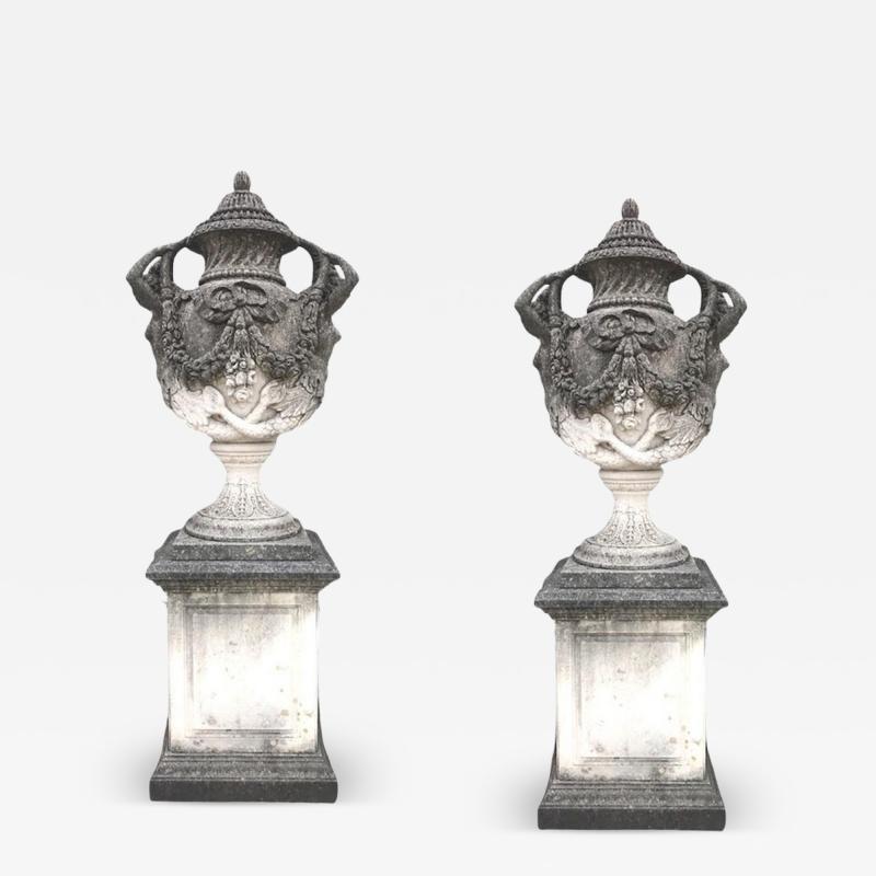 Pair of Italian Neoclassical Style Monumental Stone Garden Vases