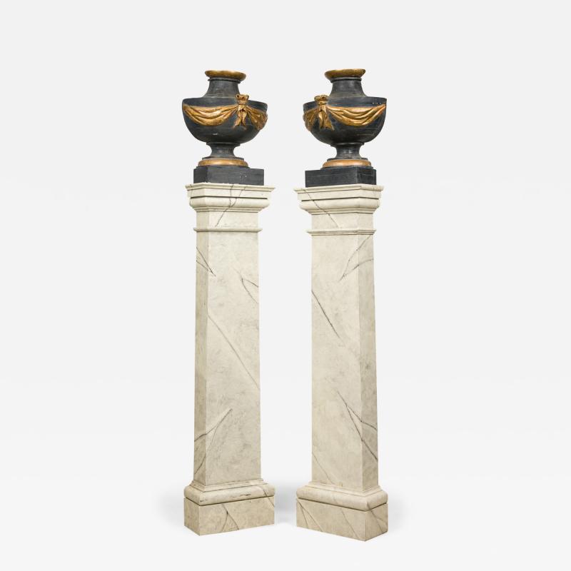 Pair of Italian Neoclassicalal Painted and Parcel Gilt Urns on Pedestals