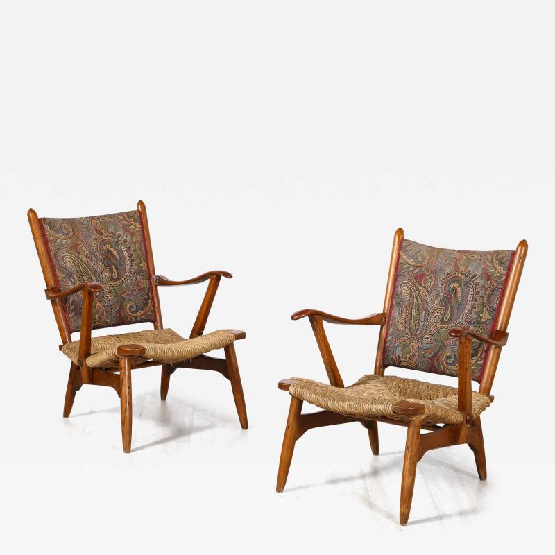 Pair of Italian Oak Armchairs with Rush Seats Italy circa 1940