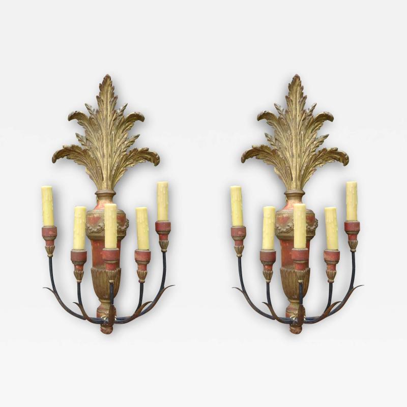 Pair of Italian Painted and Parcel Giltwood Plume Sconces