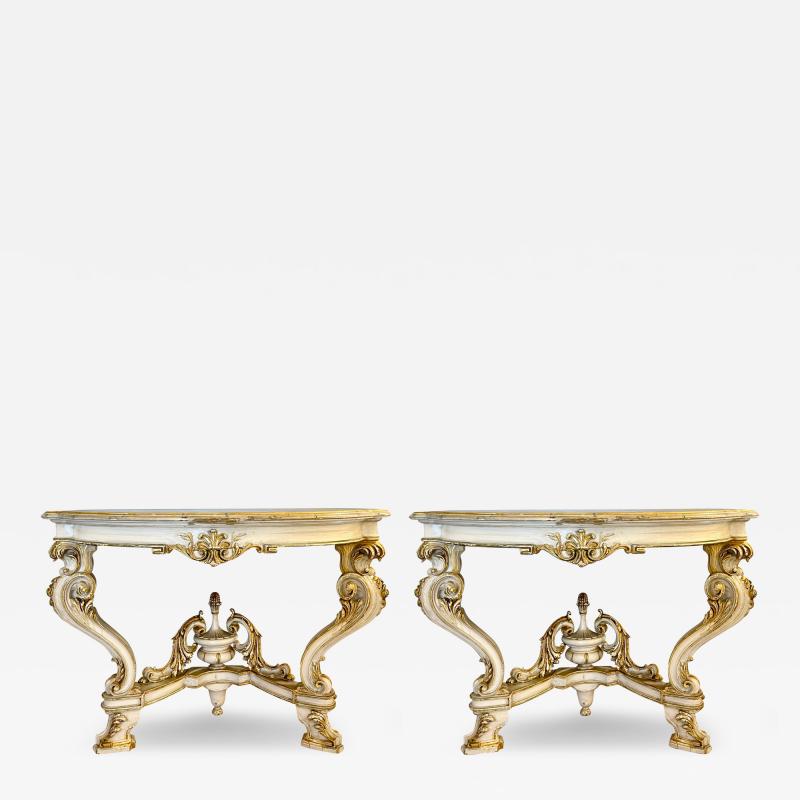 Pair of Italian Parcel Paint and Gilt Decorated Faux Marble Top Console Tables
