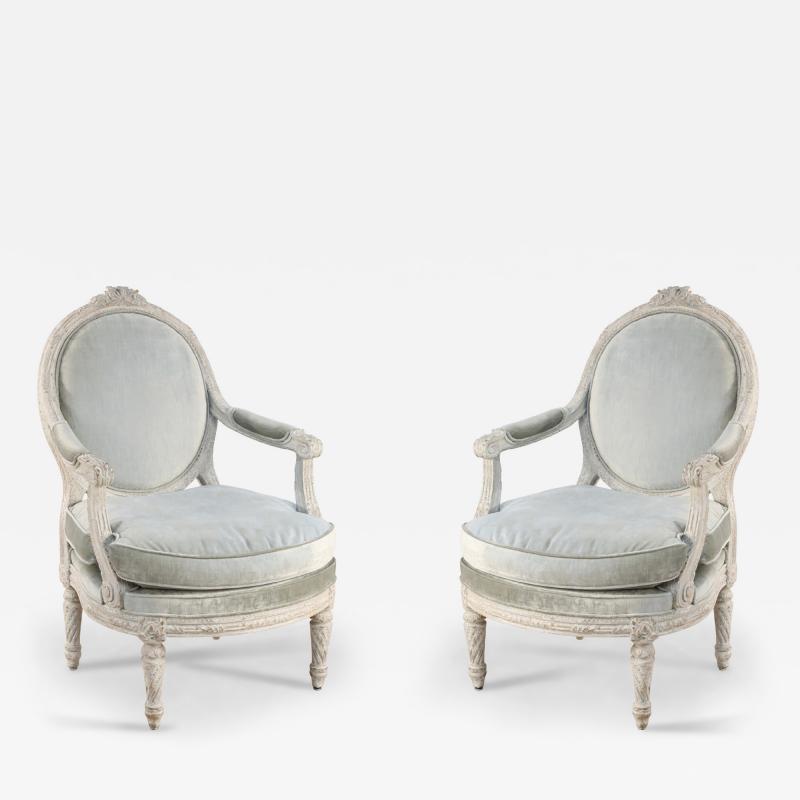 Pair of Italian Piedmontese Rounded Back Carved and Upholstered Armchairs
