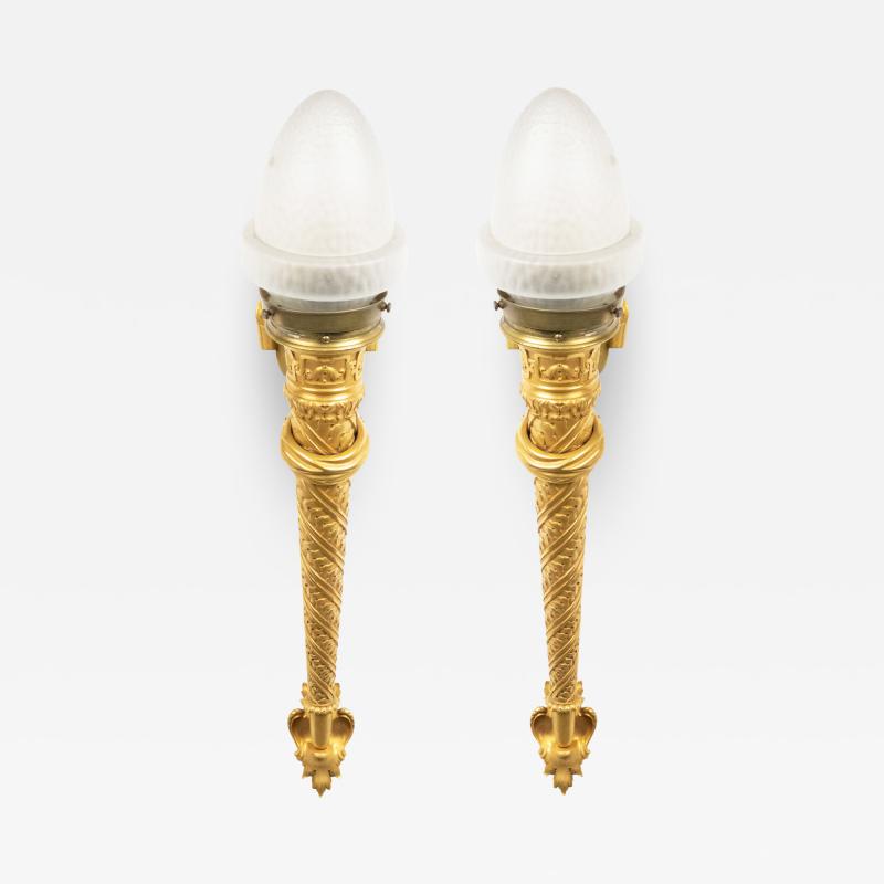 Pair of Italian Renaissance Style Bronze Dore Torch Wall Sconces