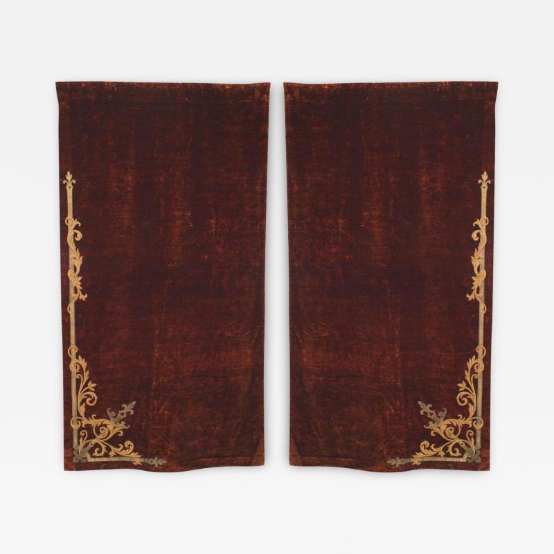 Pair of Italian Renaissance Style Brown Velvet Metallic Embroidered Drapes