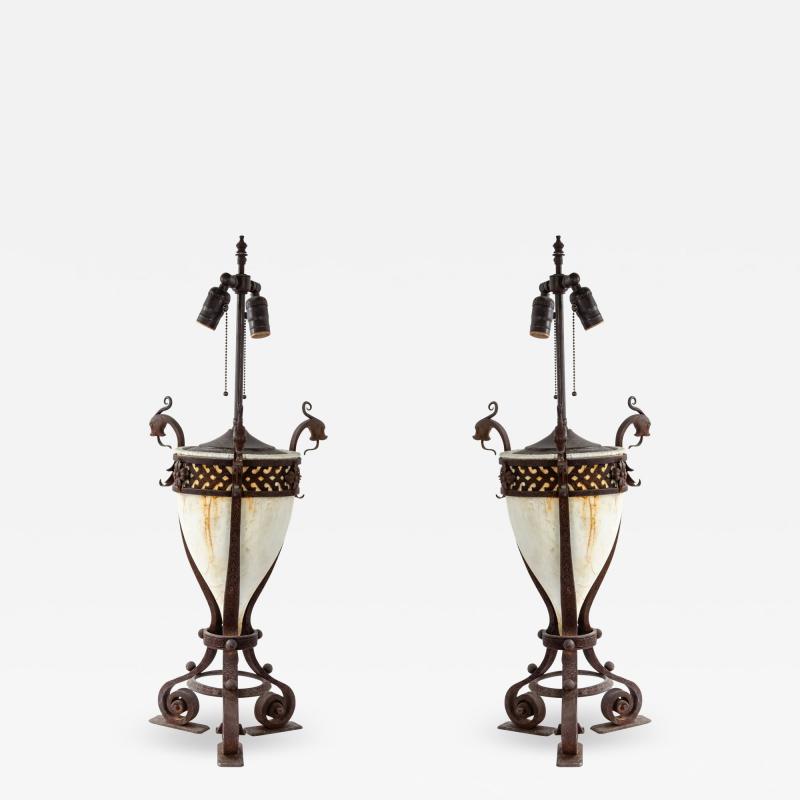Pair of Italian Renaissance Style Iron and Alabaster Table Lamps