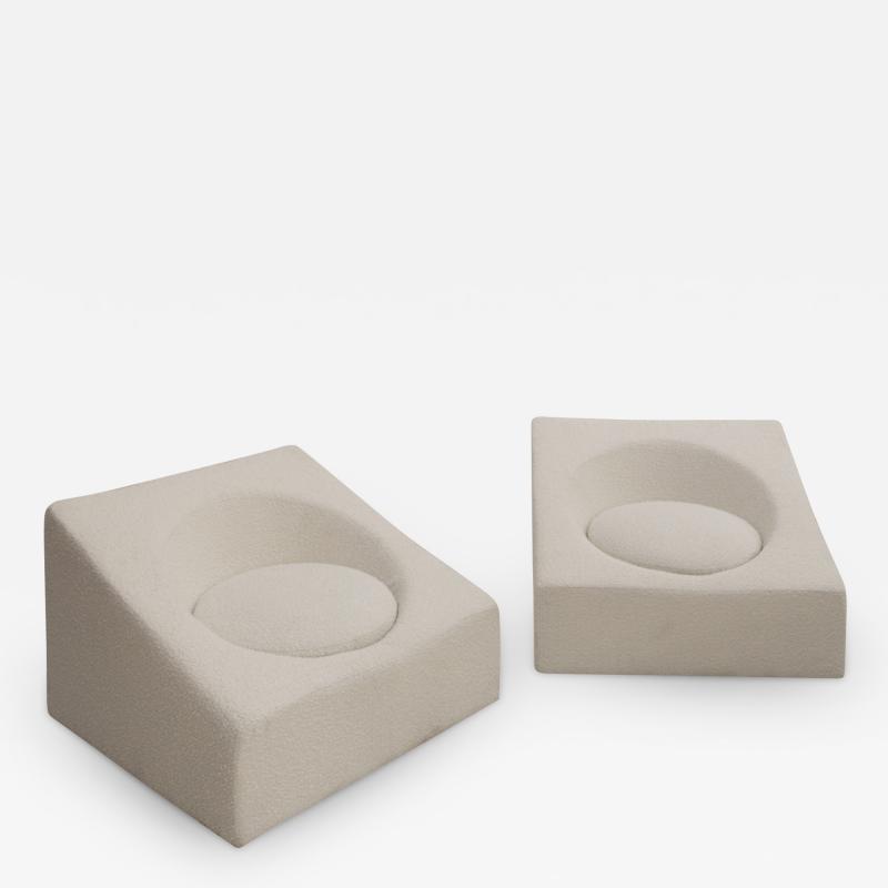 Pair of Italian Retrofuturist Armchairs in White Wool and Cube Shape
