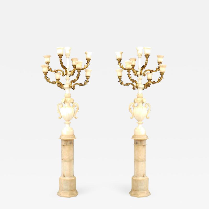 Pair of Italian Rococo Alabaster Floor Torchieres