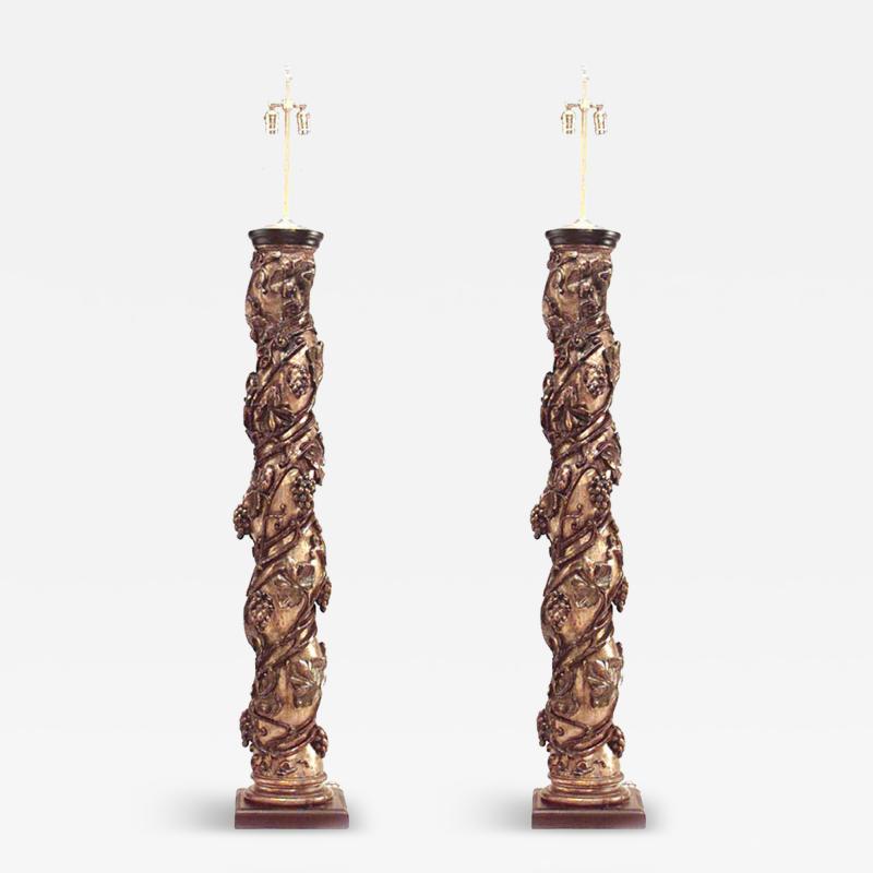 Pair of Italian Rococo Gilt Polychromed Solomonic Column Floor Lamps