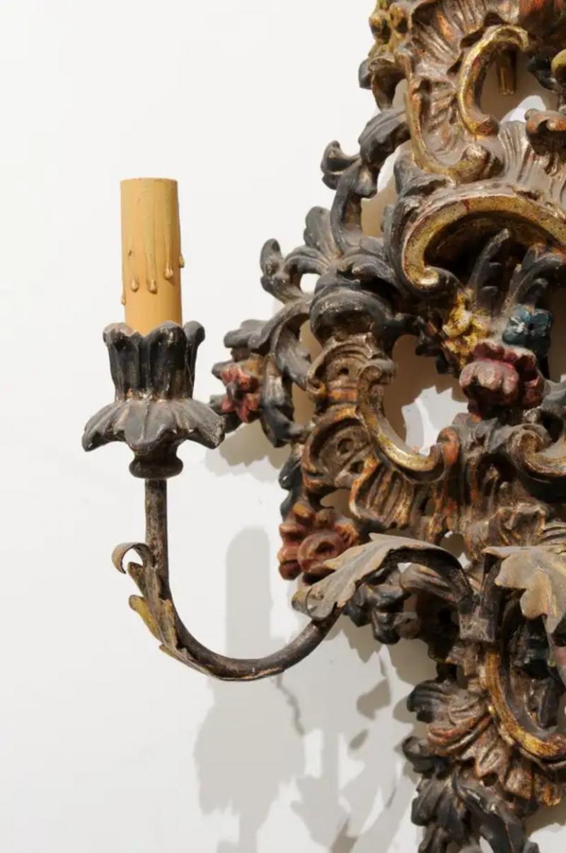 Pair of Italian Rococo Style Late 19th Century Carved and Painted Sconces
