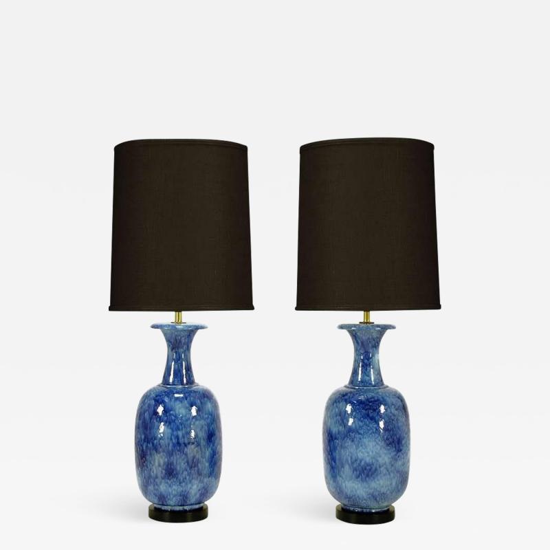 Pair of Italian Stippled Glazed Blue Pottery Table Lamps