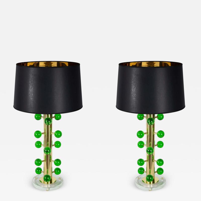 Pair of Italian Table Lamps in Brass and Green Murano Glass