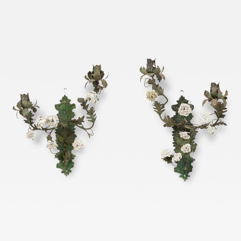 Pair of Italian Tole and Porcelain Two Light Floral Wall Appliqu s Sconces