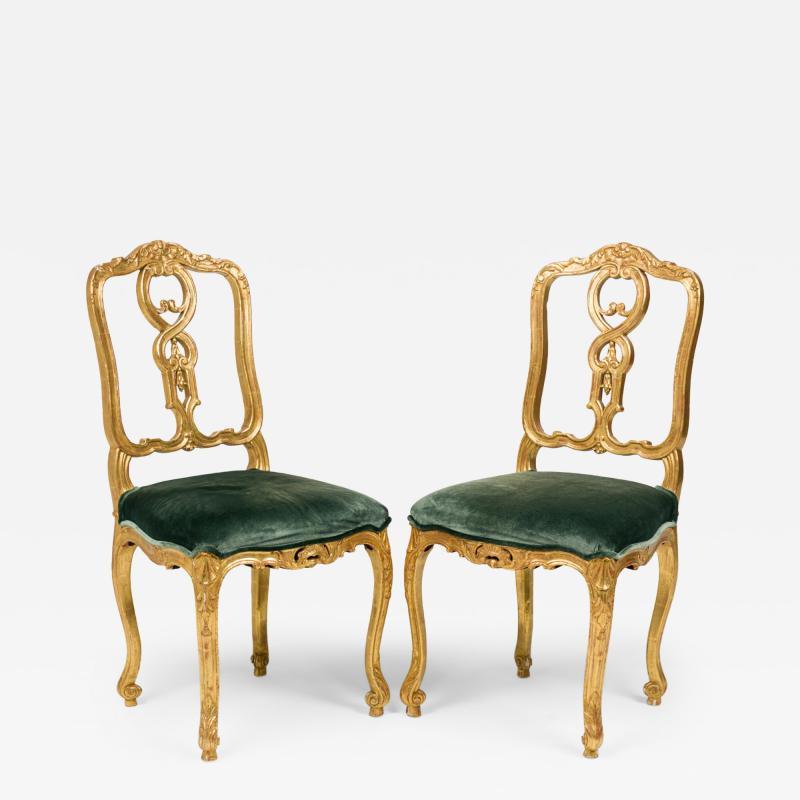 Pair of Italian Venetian 19th Century Giltwood and Green Velvet Side Chairs