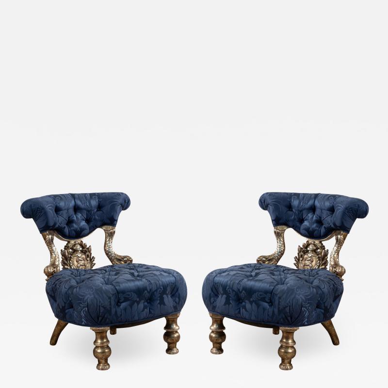 Pair of Italian Venetian Blue Tufted Chairs