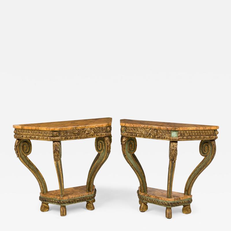 Pair of Italian Venetian Faux Marble Topped Scroll Form Carved Console Tables