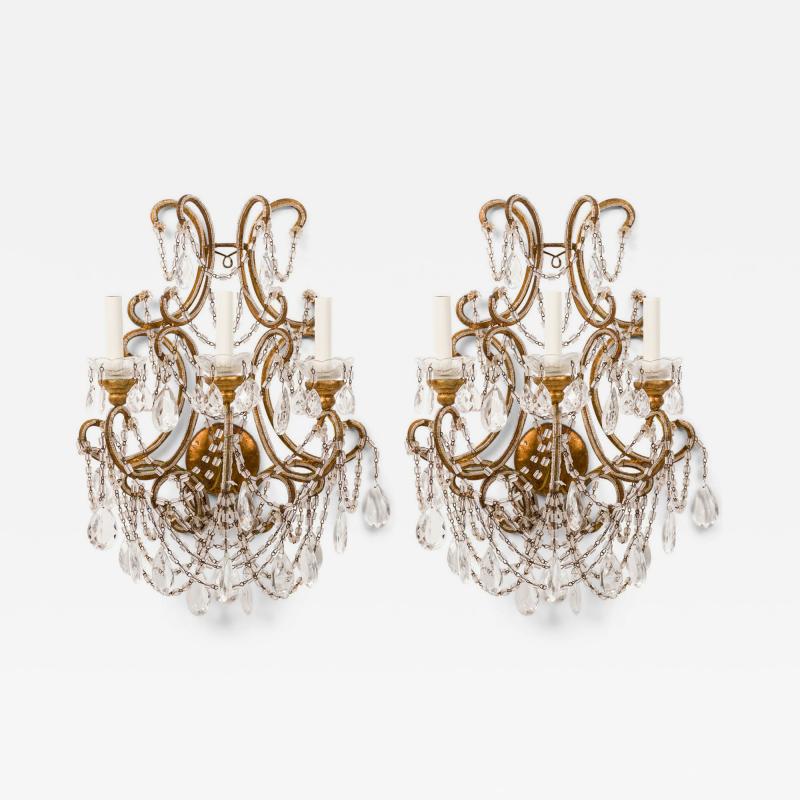 Pair of Italian Venetian Style Crystal and Metal Scroll Arm Sconces