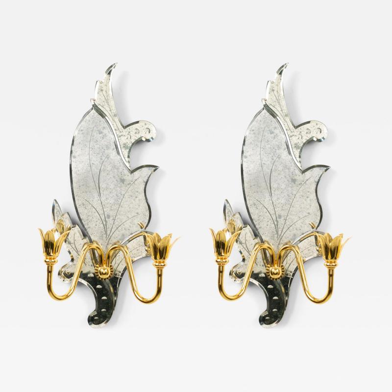 Pair of Italian Venetian Style Murano Mirrored Leaf Wall Sconces