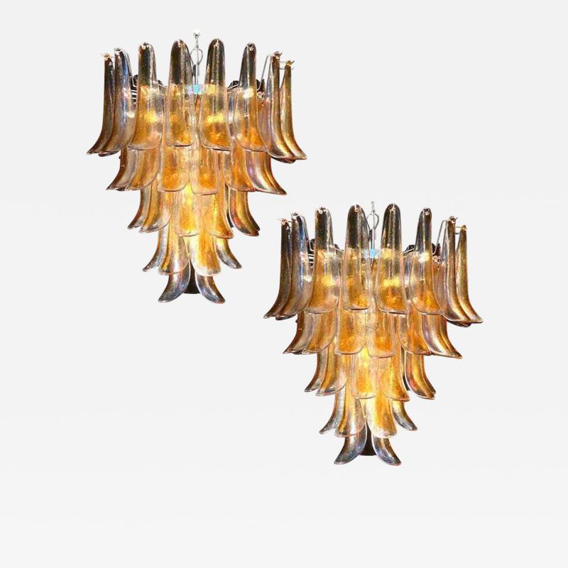 Pair of Italian Vintage Murano Chandelier with Amber Glass Petals 1970s