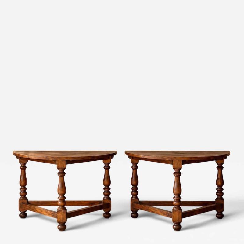 Pair of Italian Walnut Demilune Consoles circa 1850