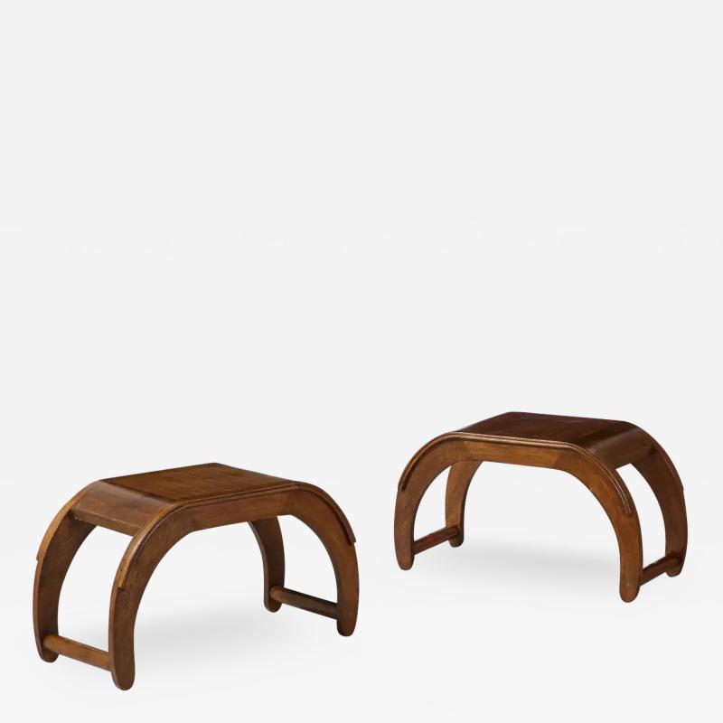 Pair of Italian Walnut Elliptical Shaped Benches