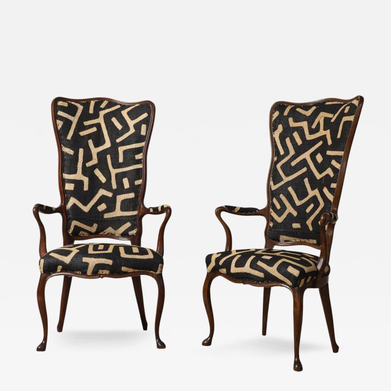 Pair of Italian Walnut High Back Armchairs Kuba Fabric circa 1950