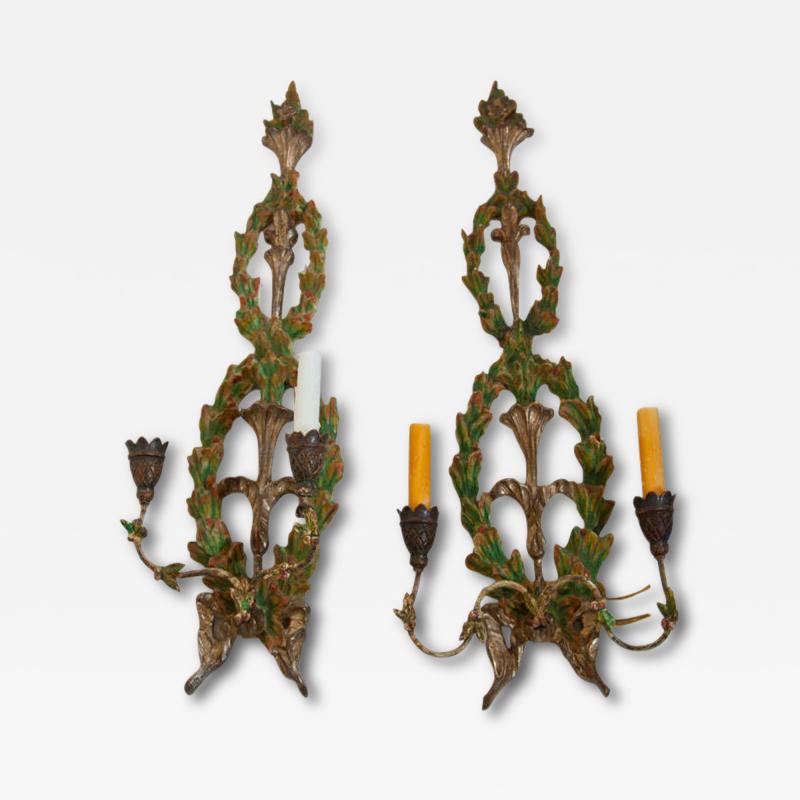 Pair of Italian Wreath Painted and Gilded Sconces