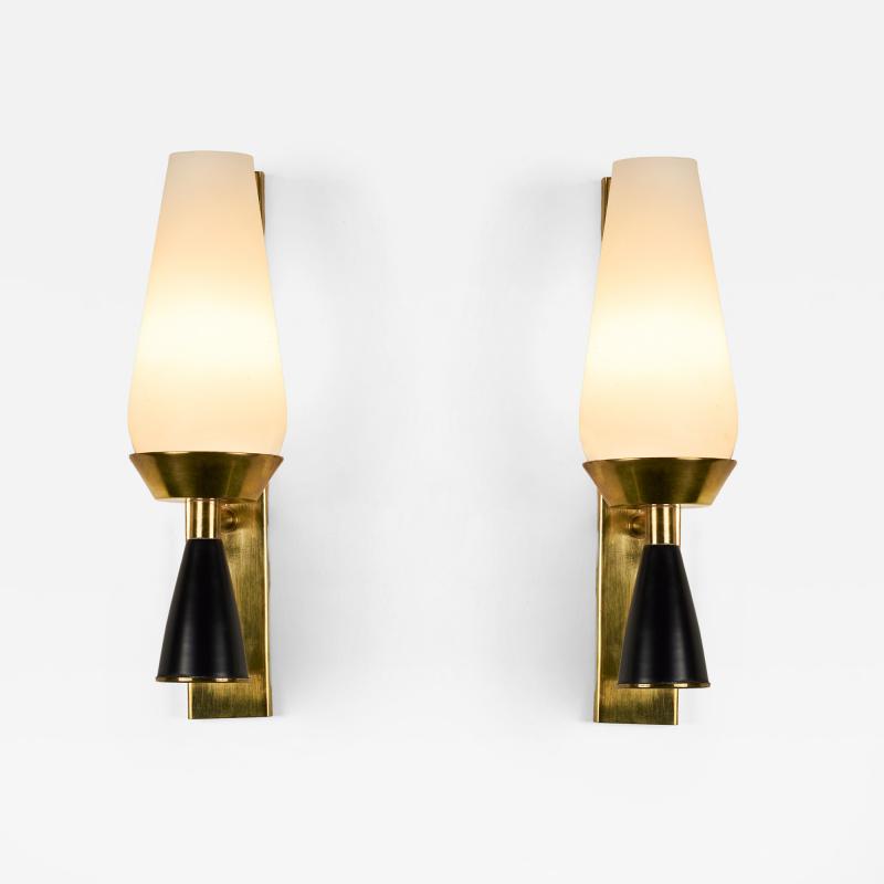 Pair of Italian mid century Murano opaline glass and brass cone wall lights