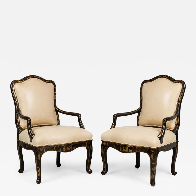 Pair of J Robert Scott French Louis XV style Chinoiserie Style Black Armchairs