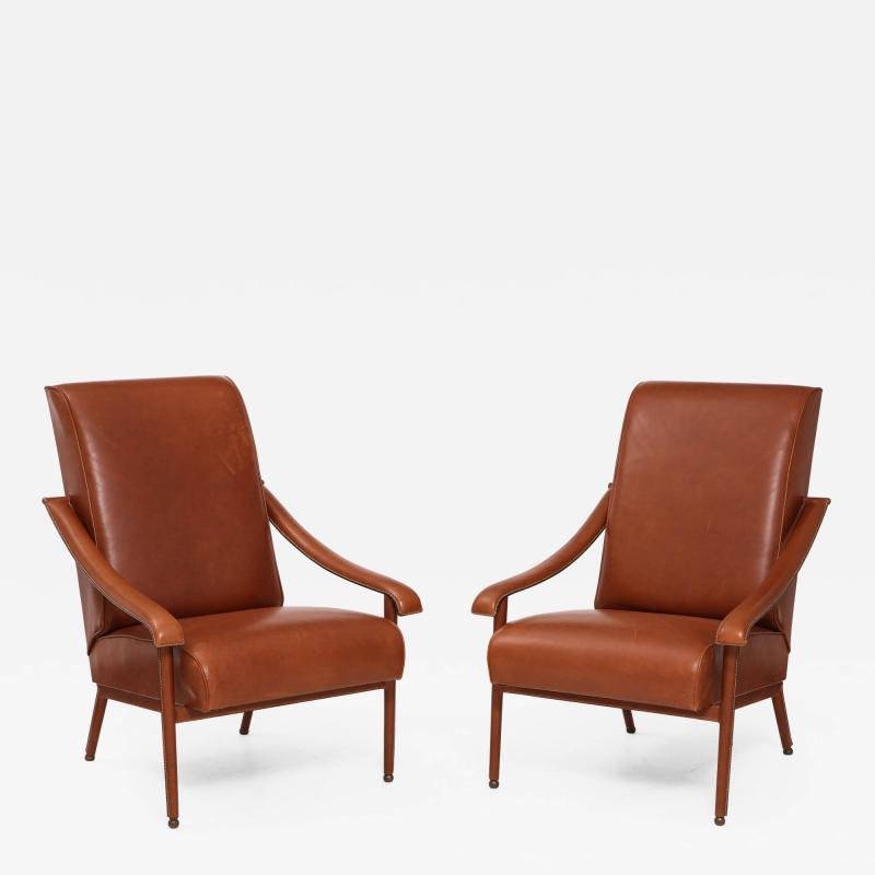 Pair of Jacques Adnet Leather Lounge Chairs