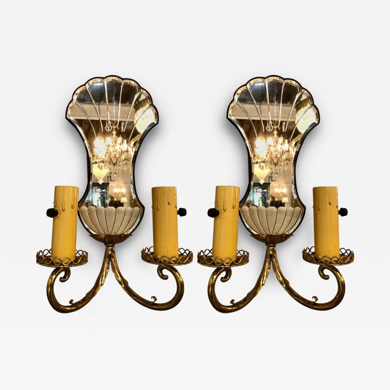 Pair of Jansen Wall Sconces Hollywood Regency Era with Mirror Backs