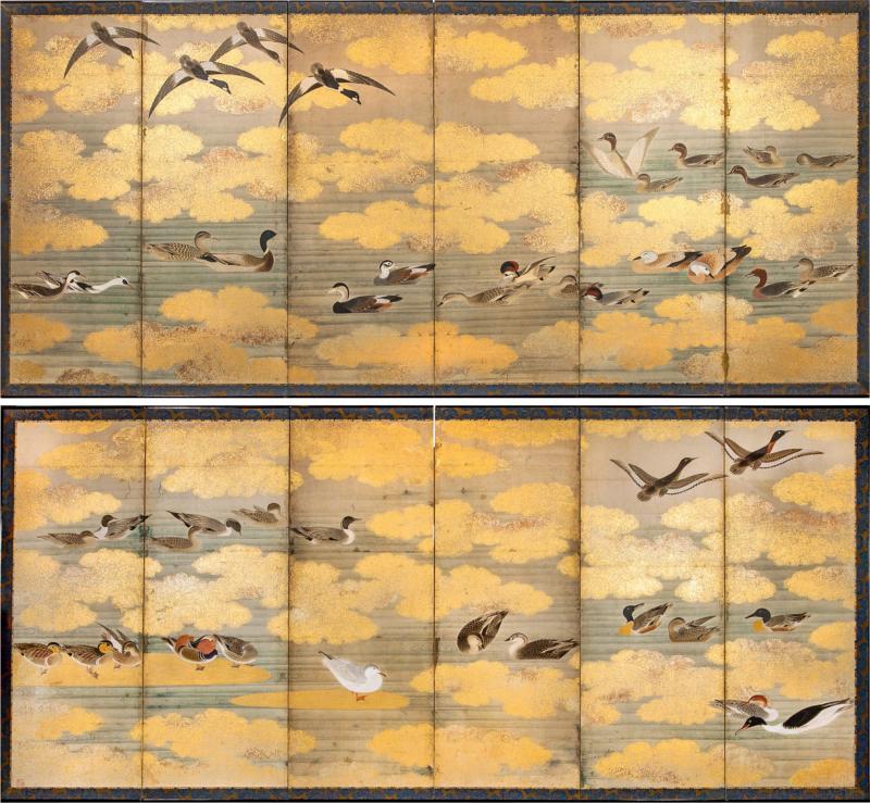 Pair of Japanese 6 Panel Screens Unusual and Rare Audubon Painting of Waterfowl
