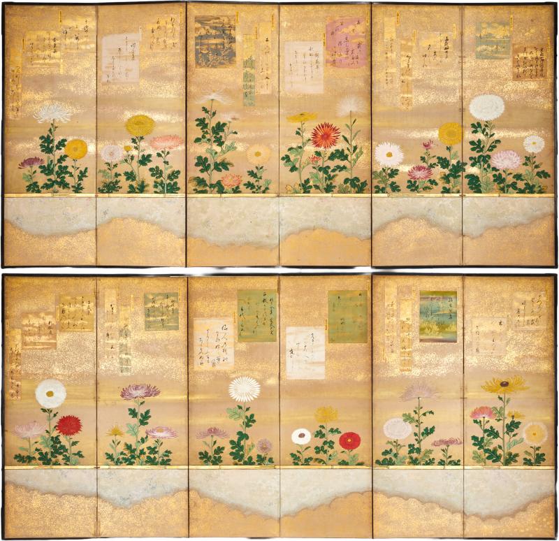 Pair of Japanese Six Panel Screens Chrysanthemums with Poem Cards