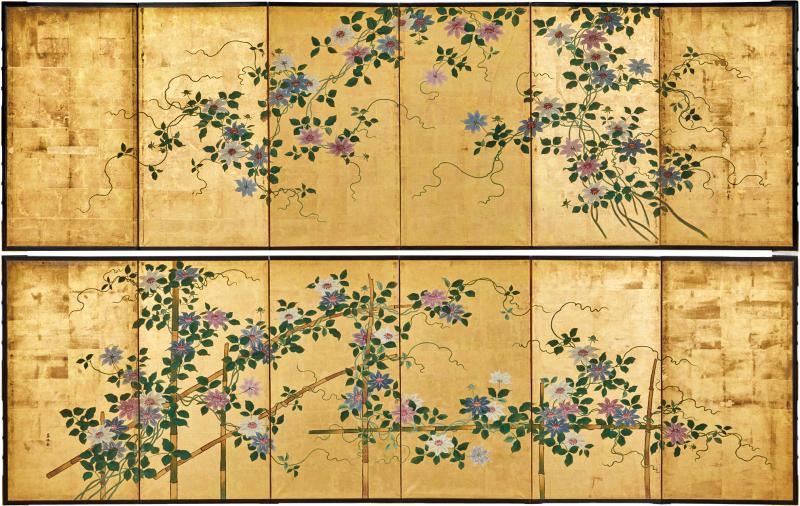 Pair of Japanese Six Panel Screens Clematis