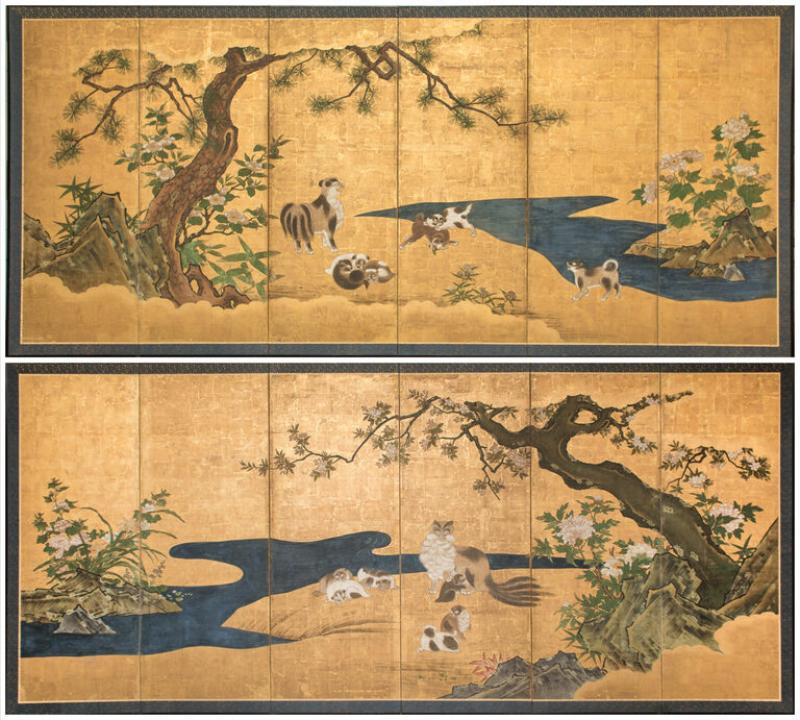 Pair of Japanese Six Panel Screens Floral Landscape Mother with Young