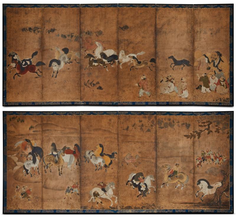 Pair of Japanese Six Panel Screens Frolicking Horses From Chokaro Sennin s