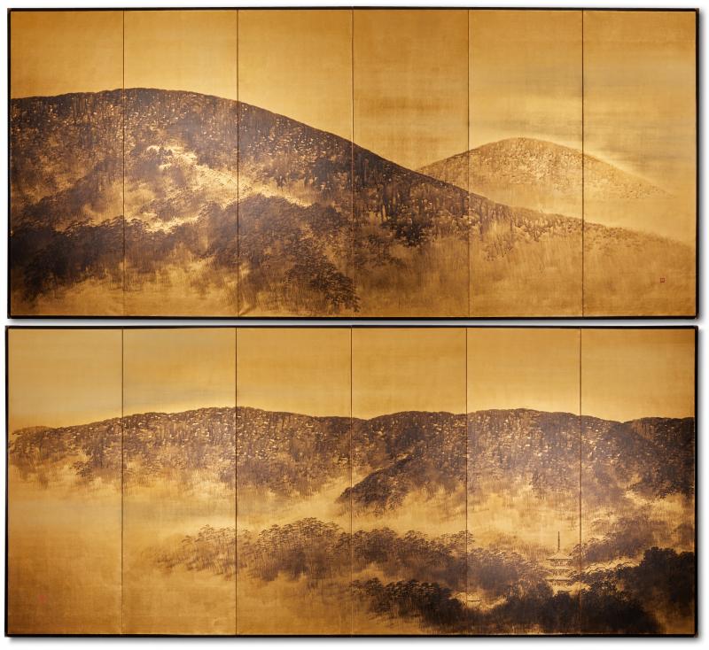 Pair of Japanese Six Panel Screens Higashiyama Hills of Kyoto