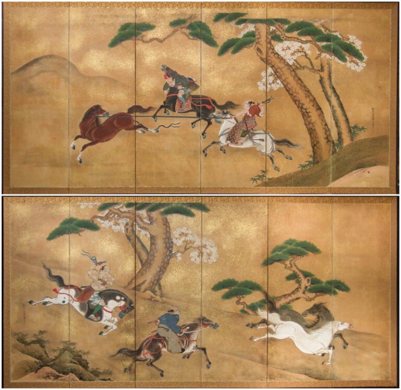 Pair of Japanese Six Panel Screens Japanese Riders in Pursuit of Wild Horses