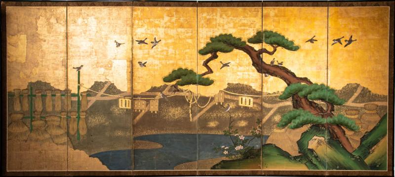 Pair of Japanese Six Panel Screens Venerable Pines with Naruko Clackers 