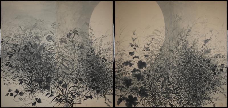 Pair of Japanese Two Panel Screens Moon Rising Through Autumn Grasses