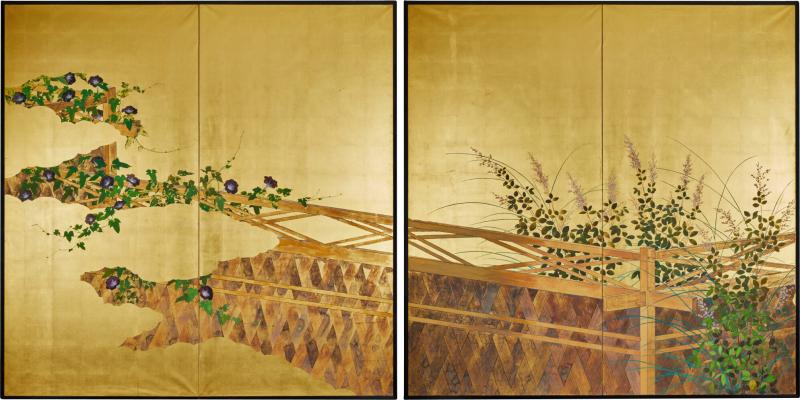 Pair of Japanese Two Panel Screens Private Garden