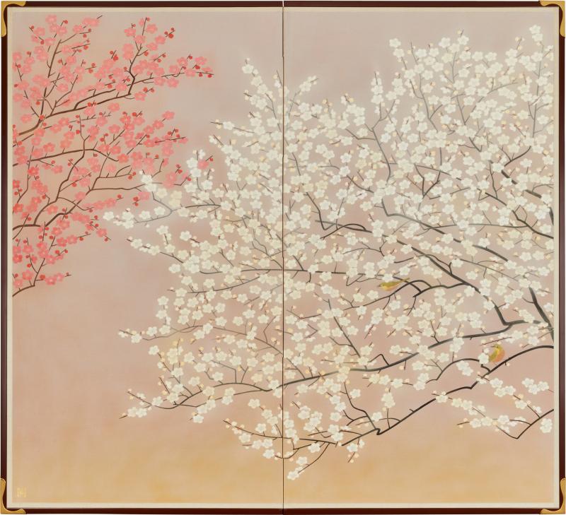 Pair of Japanese Two Panel Screens Red and White Flowering Trees