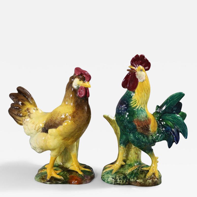 Pair of Jerome Massier Hen Rooster Vases