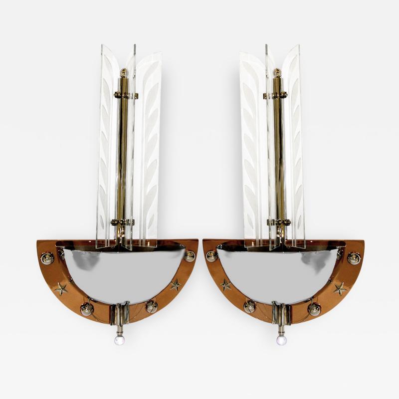 Pair of Large 1930s American Art Deco Theater Wall Sconces w Etched Glass