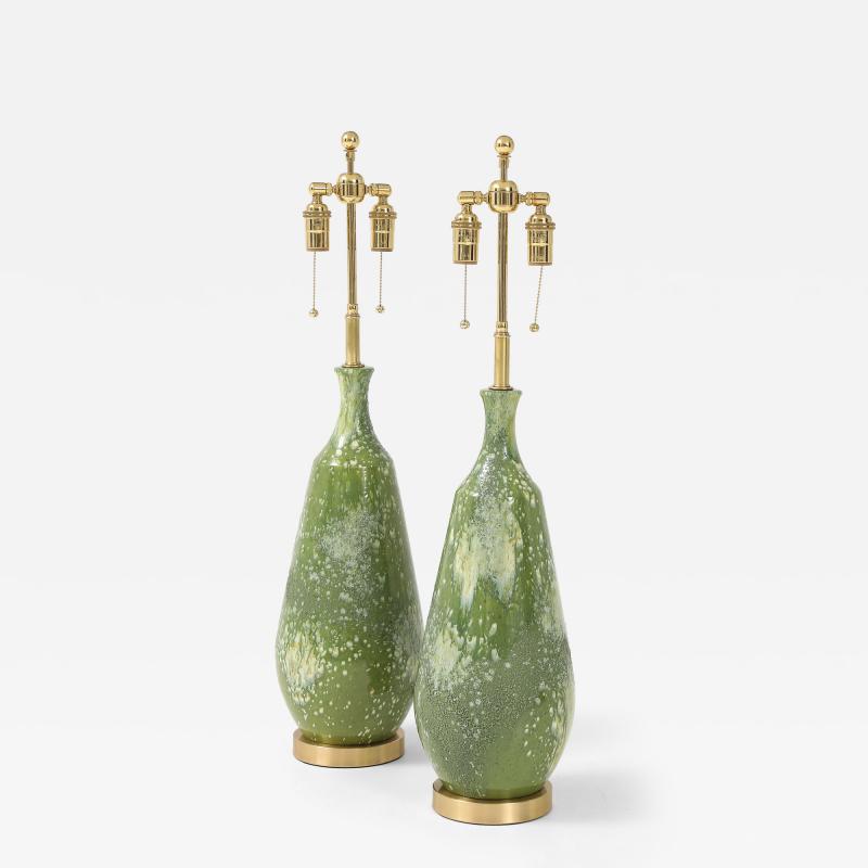 Pair of Large 1960s Ceramic Lamps with a Textured Avocado Green Glaze Finish 