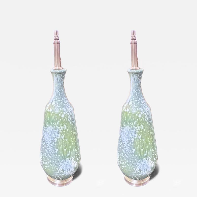 Pair of Large 1960s Ceramic lamps with a mottled Avocado Glaze