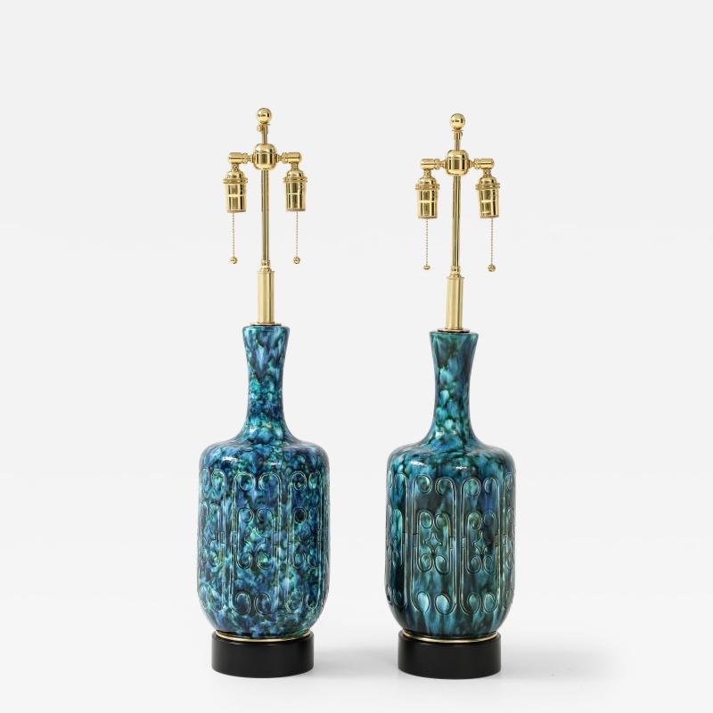 Pair of Large 1970s Italian Ceramic Lamps with an Incised Deign Pattern 