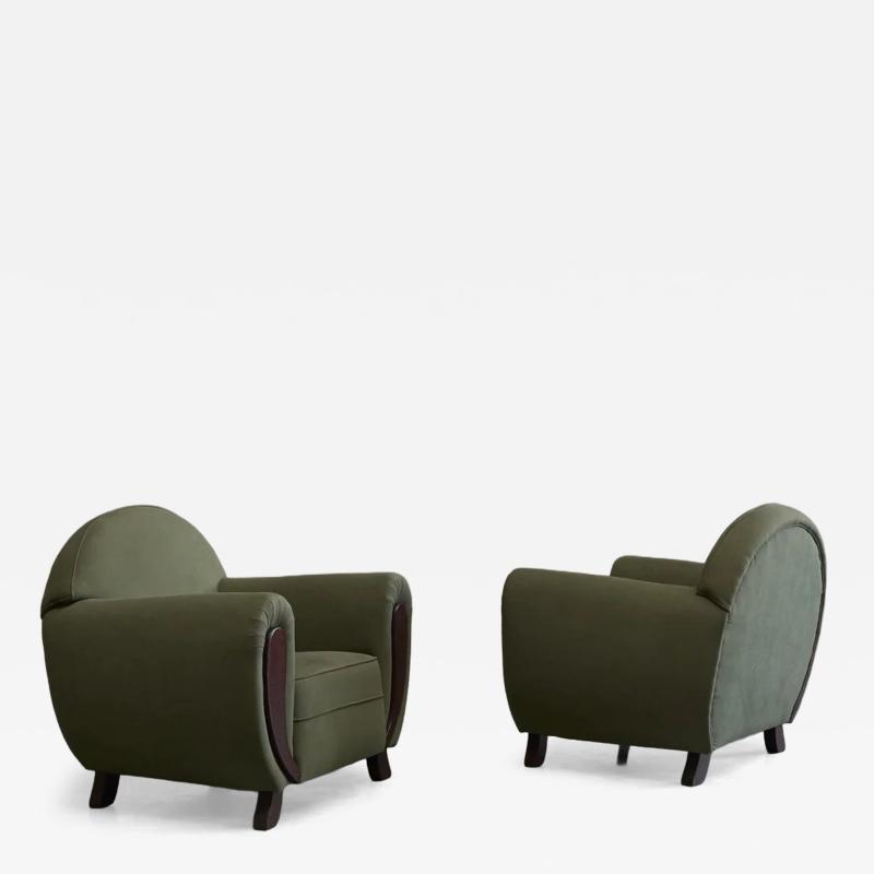 Pair of Large Art Deco Lounge Chairs in Solid Oak and Green Velvet