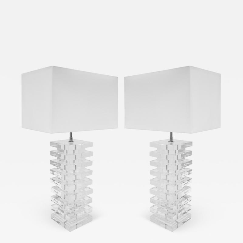 Pair of Large Artisan Table Lamps in Stacked Slabs of Lucite 1970s