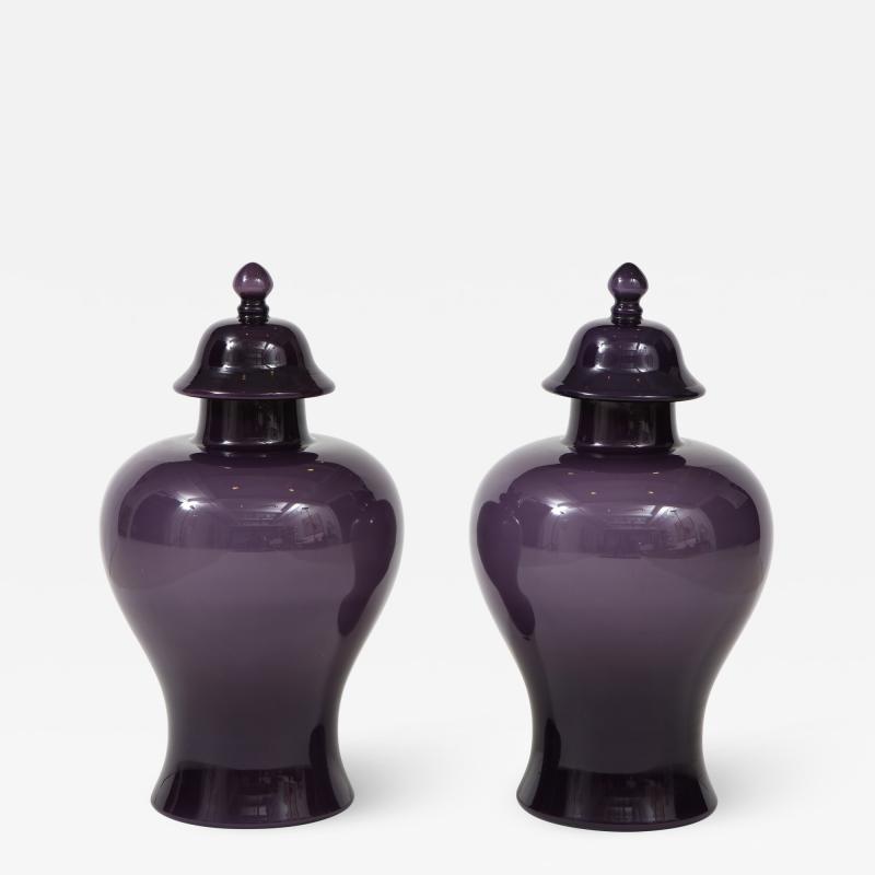 Pair of Large Aubergine Glass Lidded Ginger Jars 