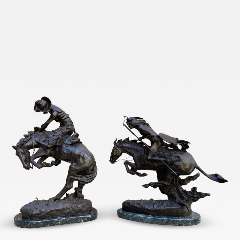 Pair of Large Bronze Table Sculptures with Marble after Frederic Remington